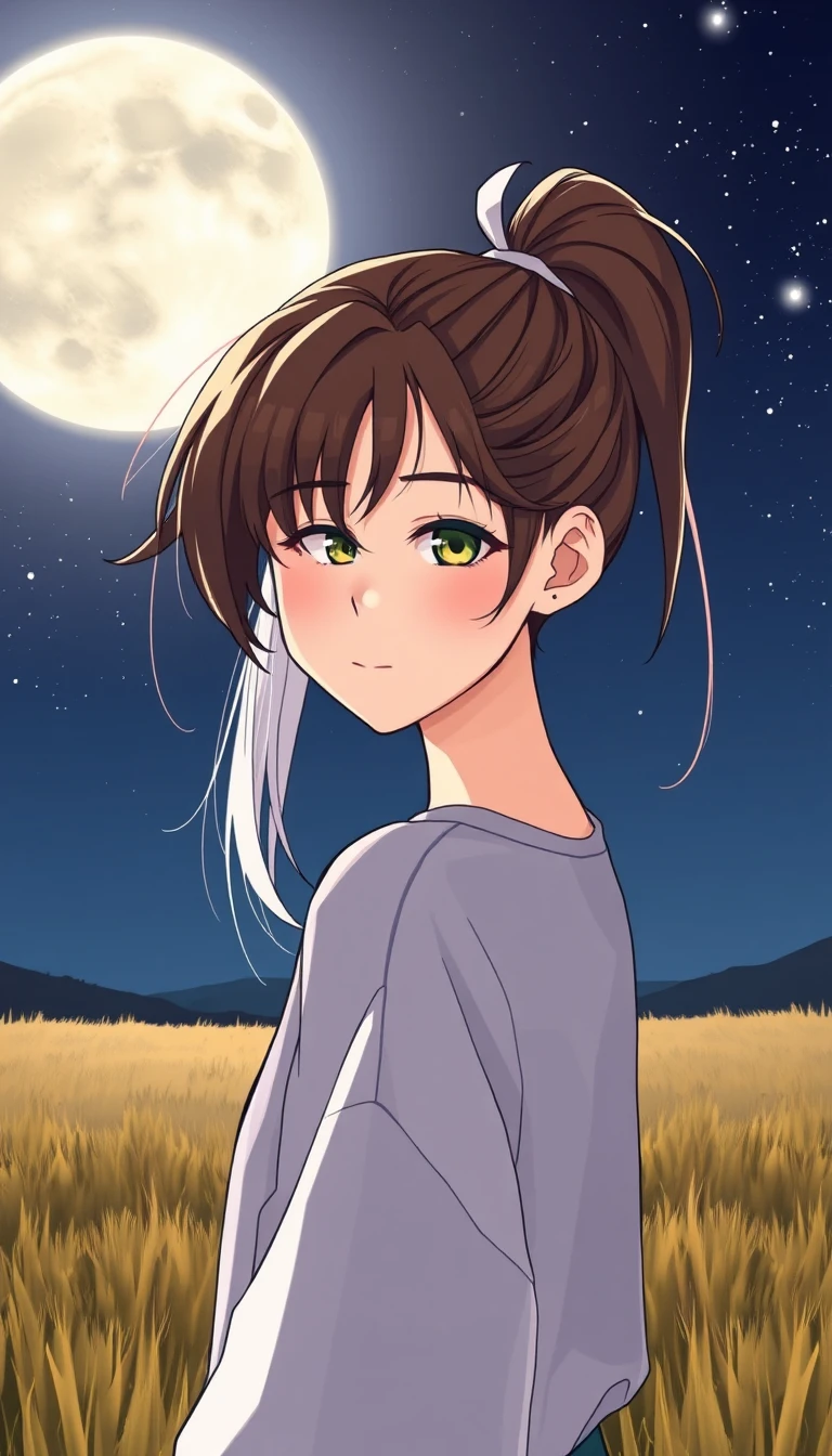 Fille confiante au style manhwa sous un ciel clair illuminé par la lune