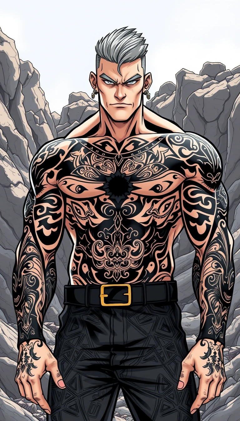 Homem musculoso tatuado em paisagem rochosa banhada pelo sol