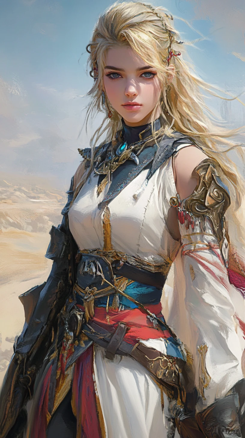 Determined desert girl with sword and flowing ribbons