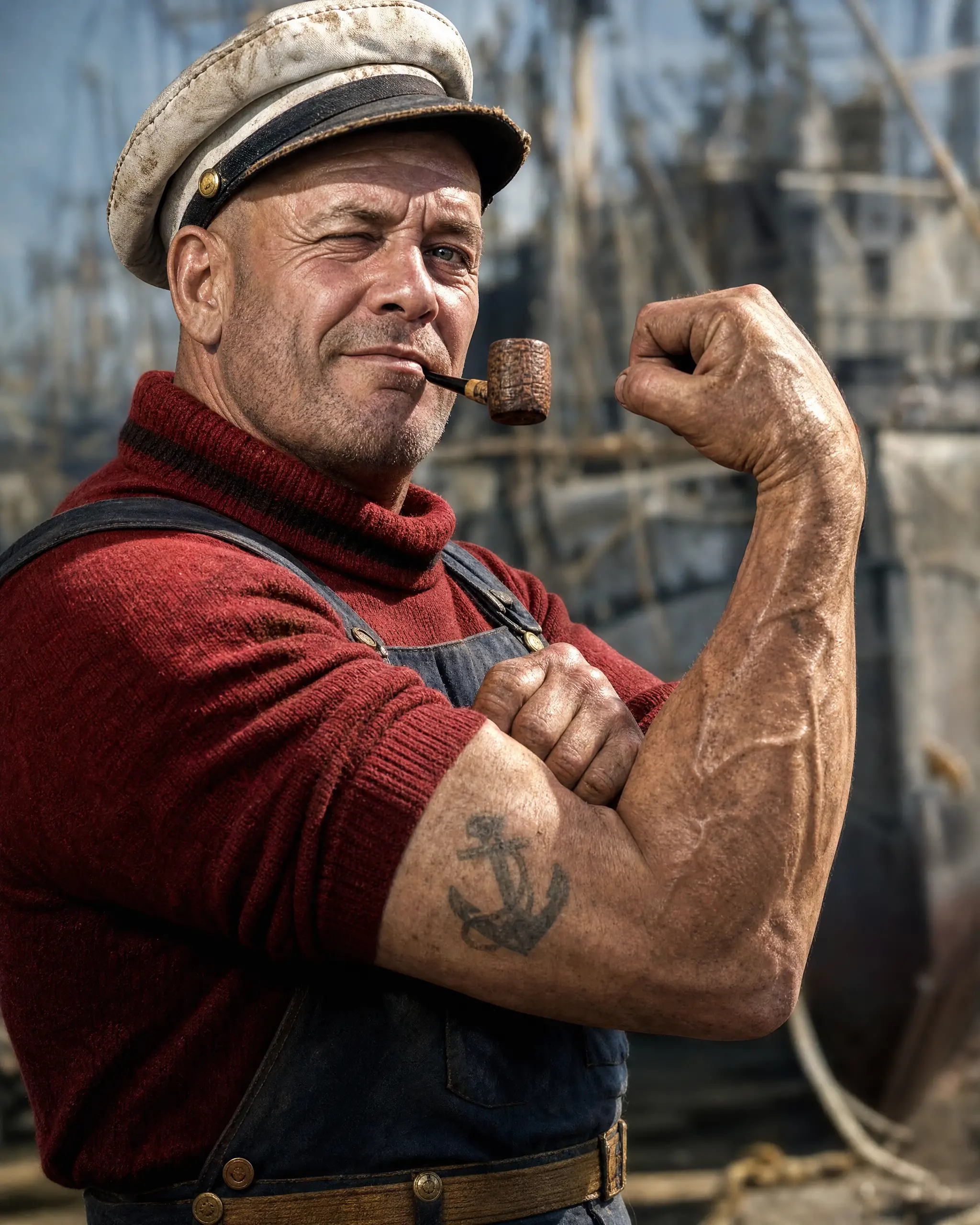 Retrato de Marinheiro Rústico com Braço Flexionado no Estaleiro