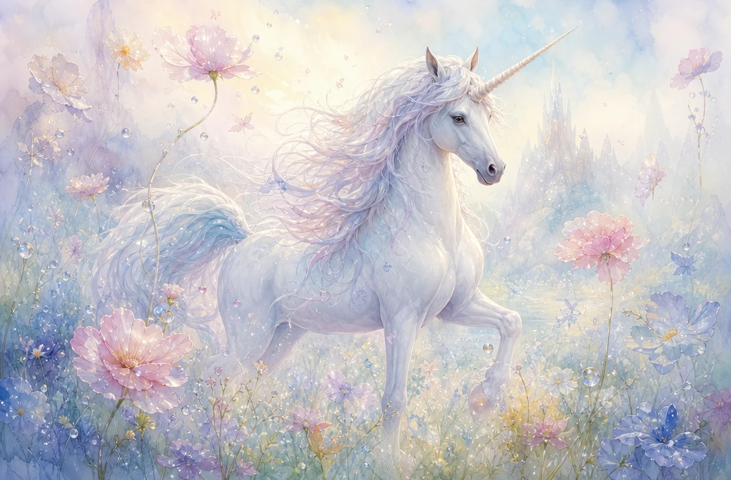 Unicorno ad acquarello da sogno in un prato incantato avvolto nella nebbia