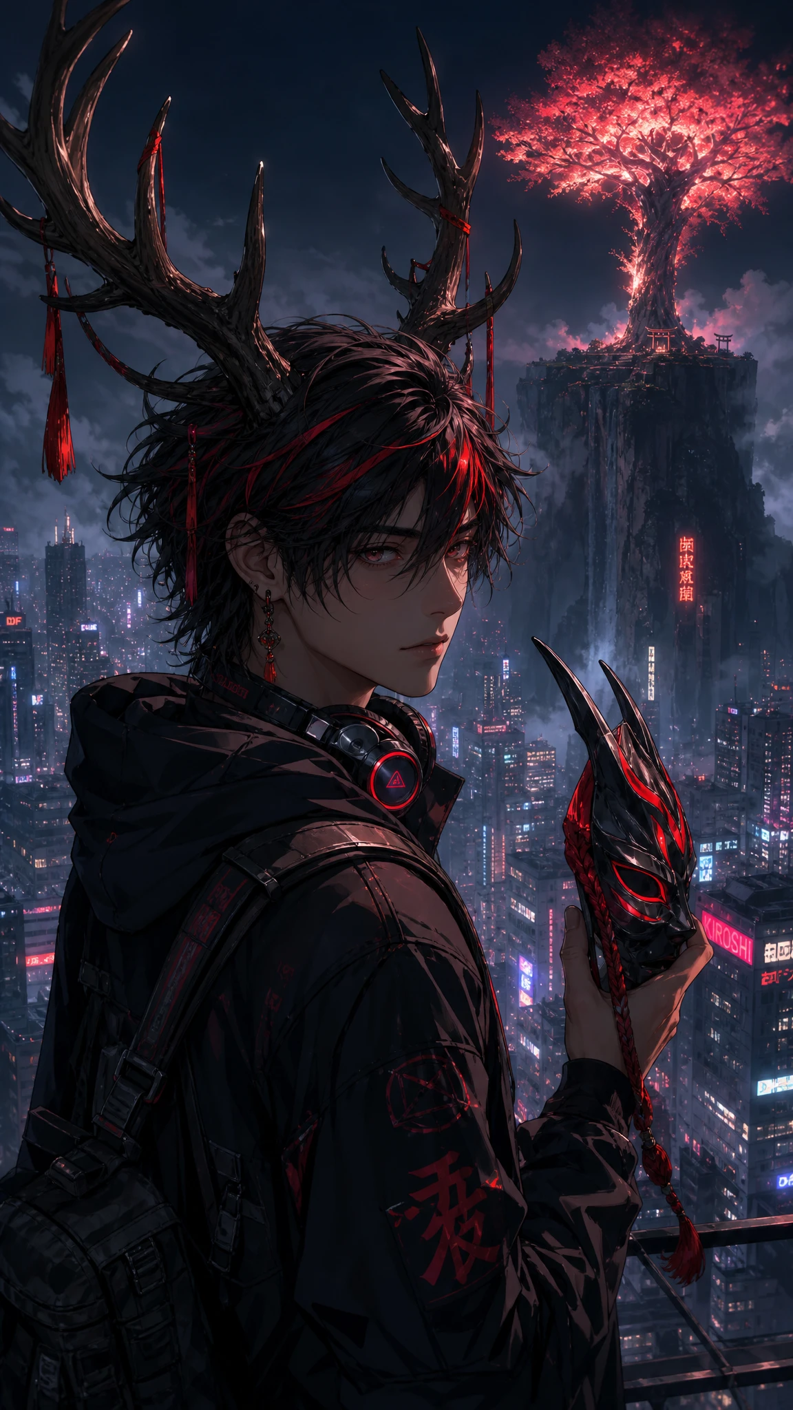 Homem de anime com chifres em uma plataforma na noite cyberpunk