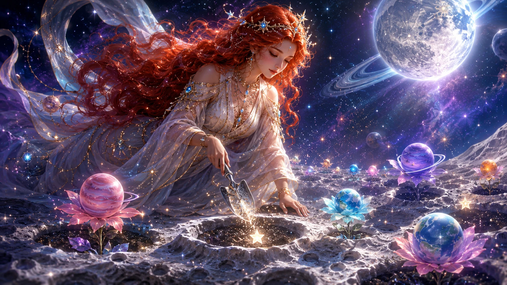 Diosa etérea plantando estrellas en un jardín lunar mágico