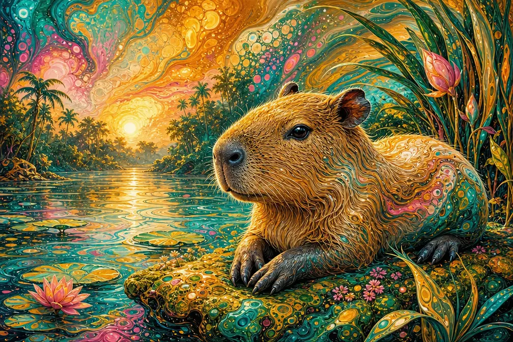 Farbenfrohes Acryl-Capybara ruht an einem üppigen Feuchtgebietsflussufer