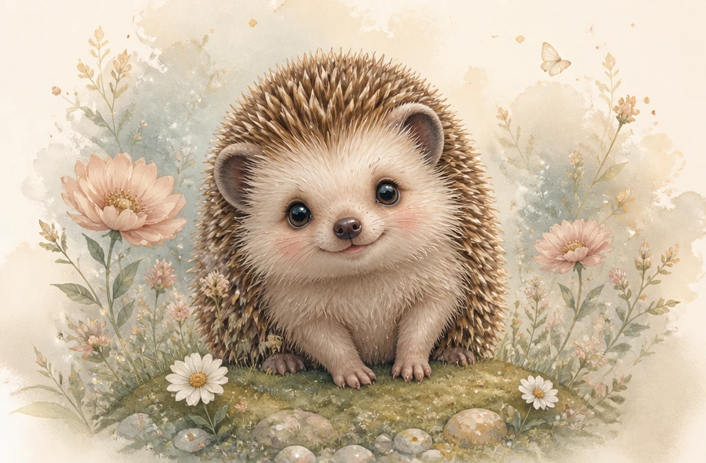 Filhote de ouriço fofo na grama em ilustração suave para quarto infantil
