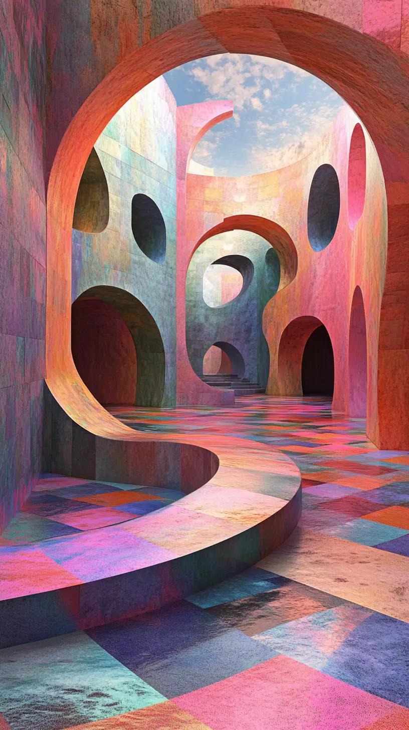Surrealer geometrischer Portaleingang im lebendigen architektonischen abstrakten Chaos