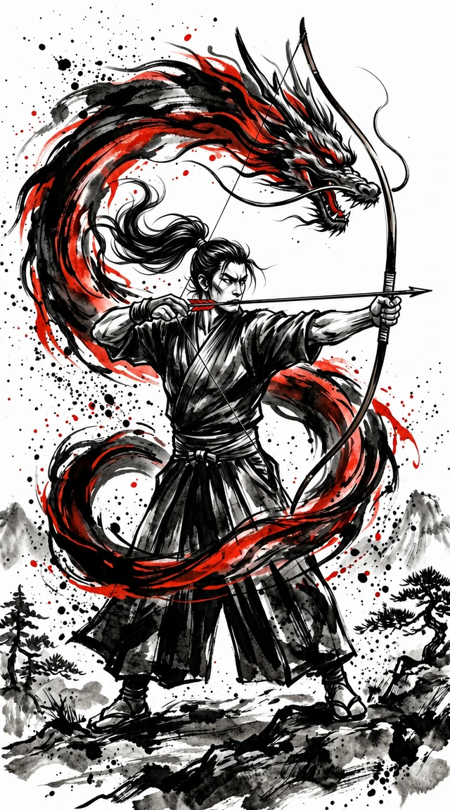 Peinture à l’encre d’un archer avec des traits tourbillonnants en forme de dragon