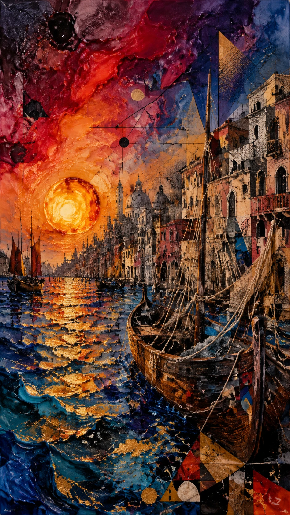 超現實威尼斯港口在燦爛夕陽下的畫作