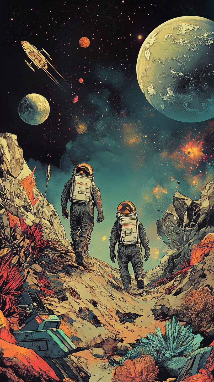 Astronauti che Attraversano un Mondo Aliena in Stile Fumetto Retrò