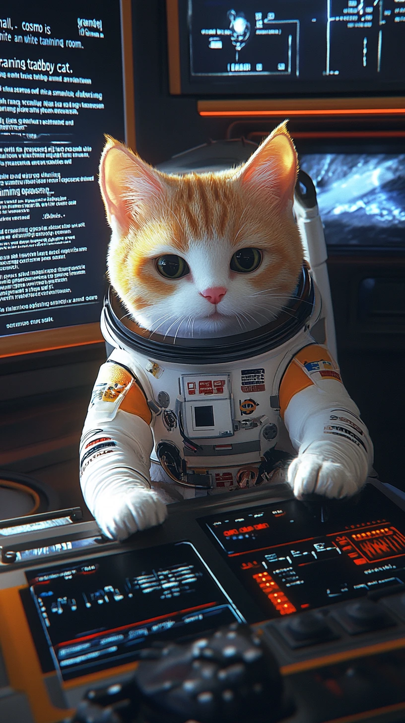 Gato astronauta 3D em treinamento em um console de controle de alta tecnologia