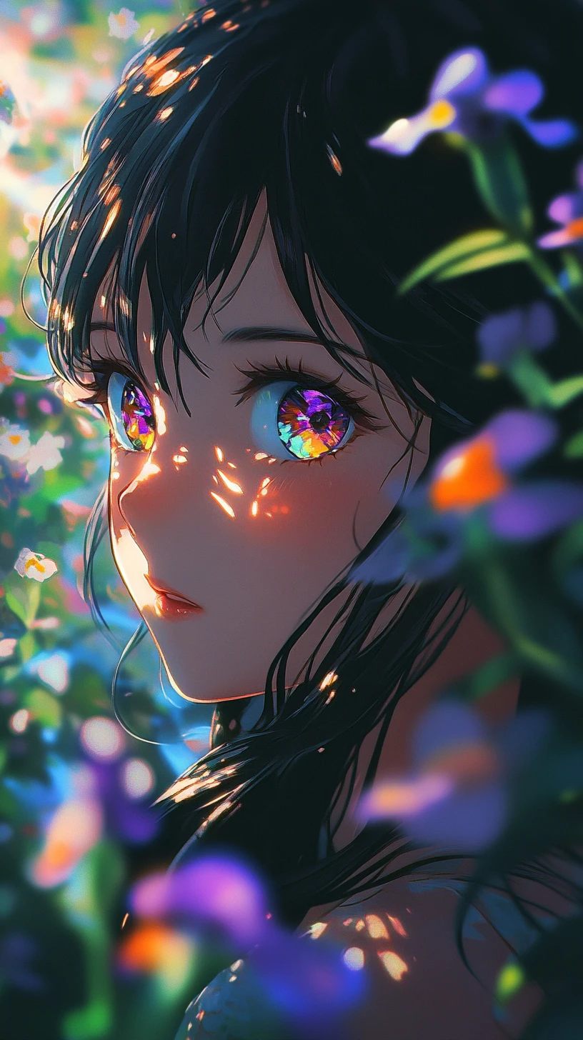 Garota de anime de yukata olhando para trás em jardim florido