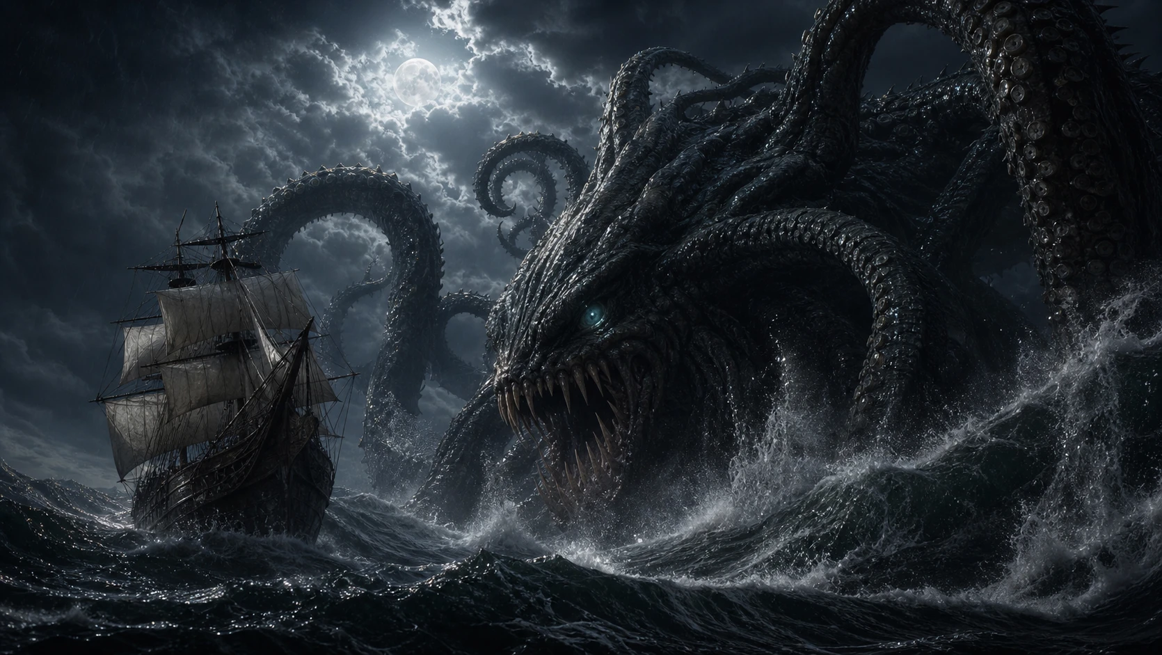 Colossal sea monster towering over a stormy night ship