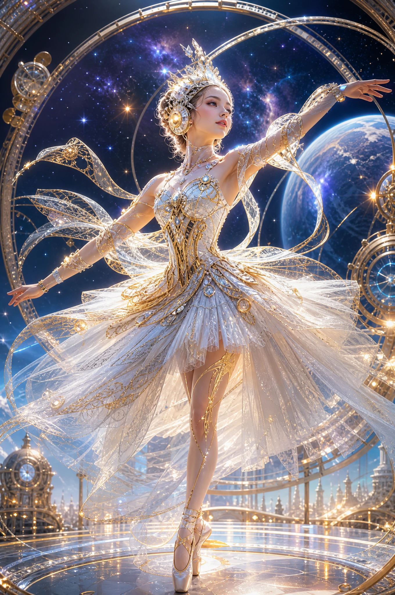 Ballerine cyberpunk futuriste en costume blanc et or