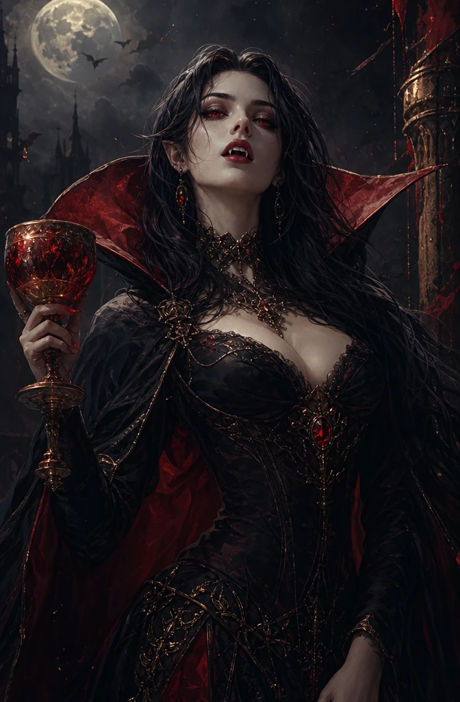 Mulher vampira com cálice em cena pintada e sombria