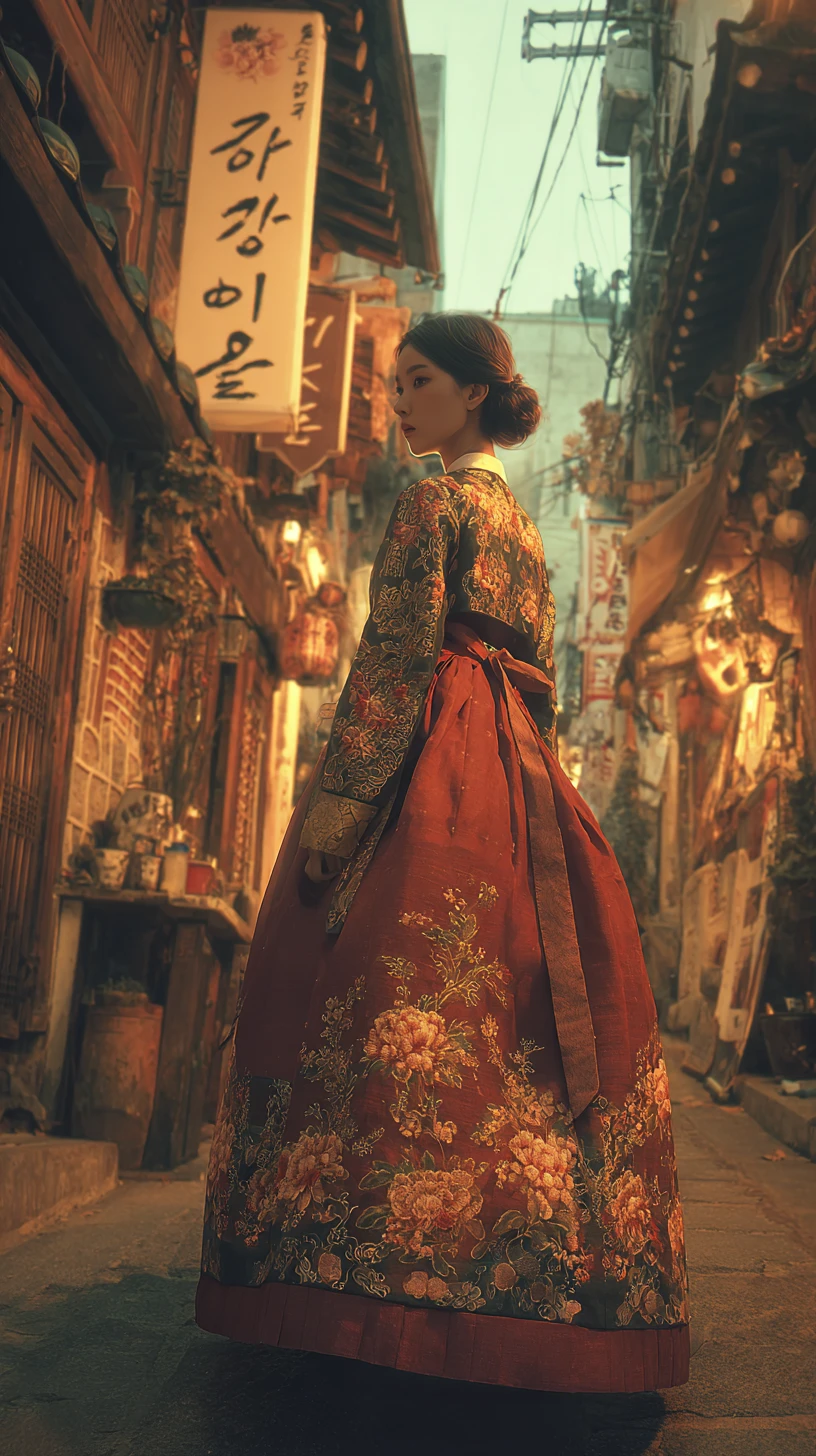 巷弄中的紅色緞帶金刺繡韓服