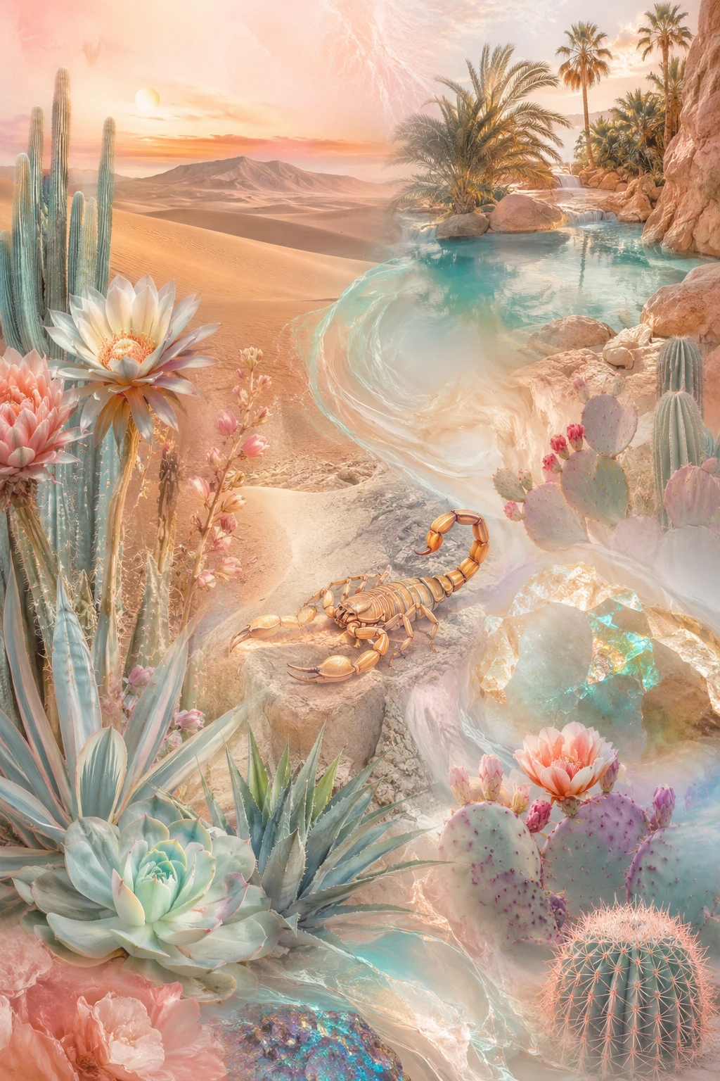 Desert mood board with cacti oasis and glowing accents