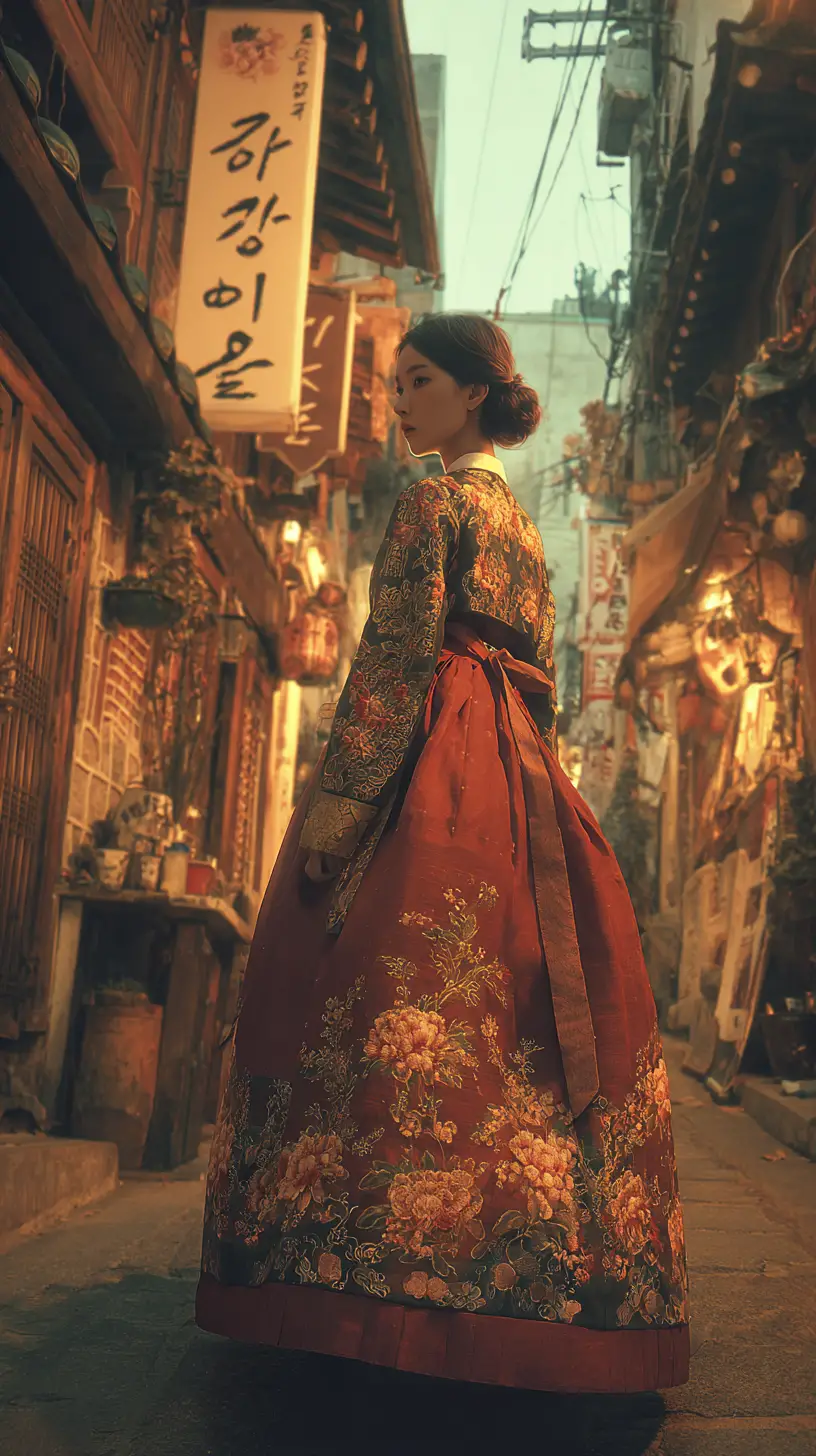 巷弄中的紅色緞帶金刺繡韓服