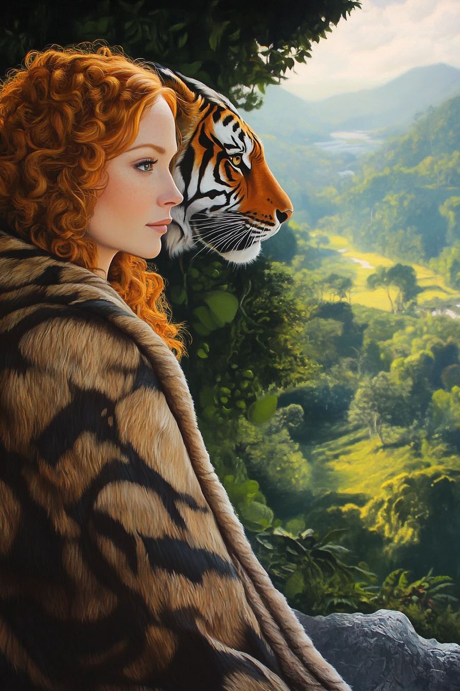 Donna con cappuccio di tigre che osserva una valle verde lussureggiante