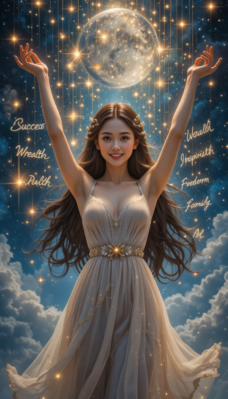 年輕女子站在魔幻宇宙星空下與流星並肩