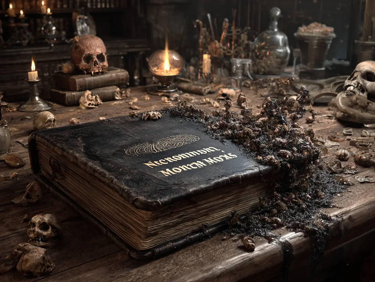 Grimoire Maudit Rempli de Démons sur Table en Bois Ancienne