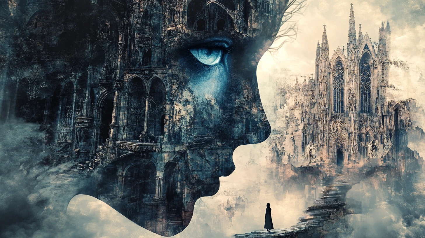 Catedral surreal de gárgula fundida ao perfil de uma mulher