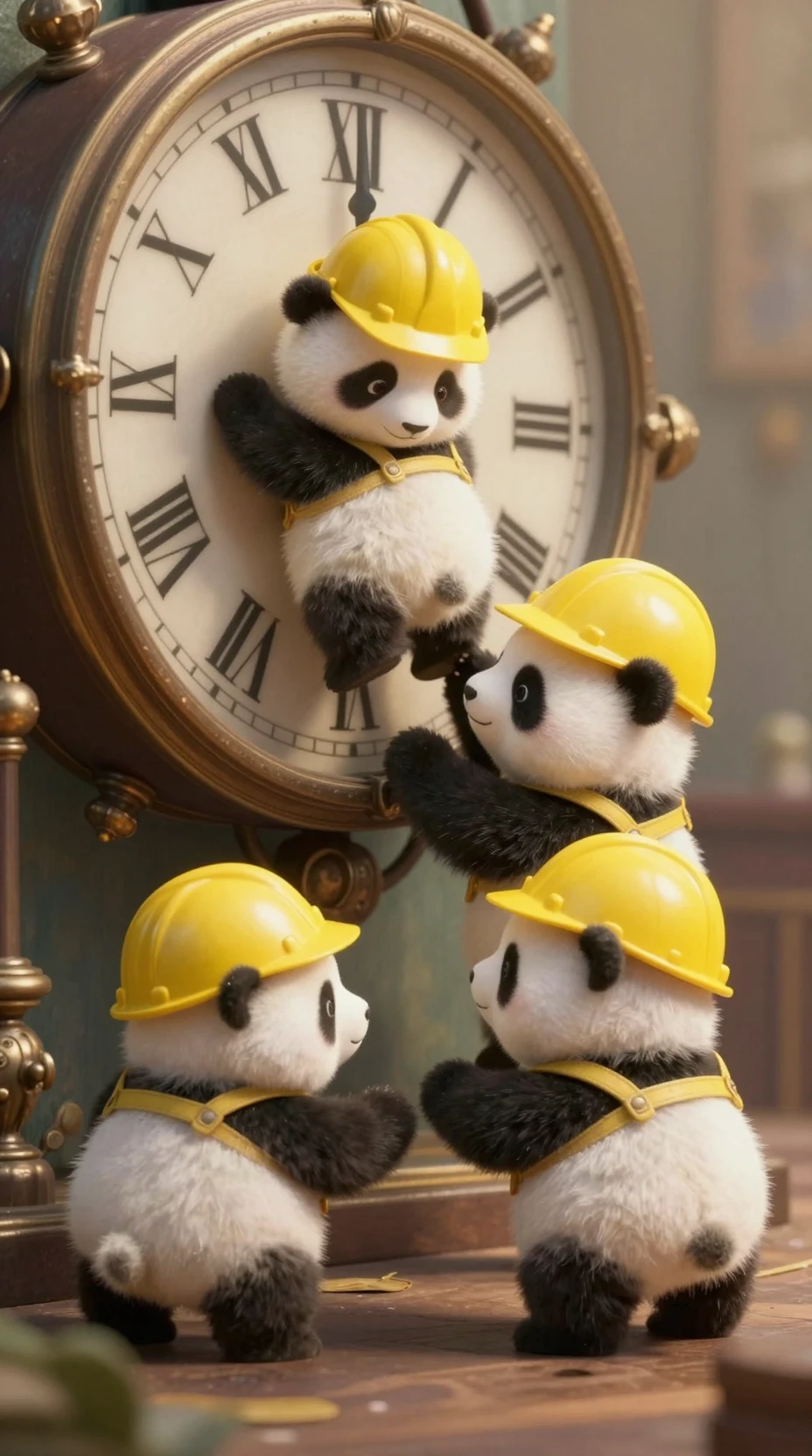 Piccoli cuccioli di panda che riparano un enorme orologio antico