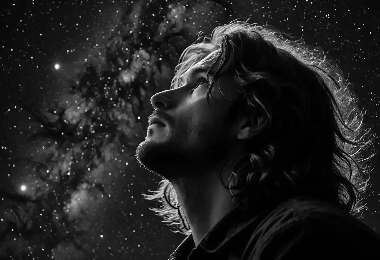 Homme aux cheveux flottants levant les yeux vers un ciel nocturne étoilé