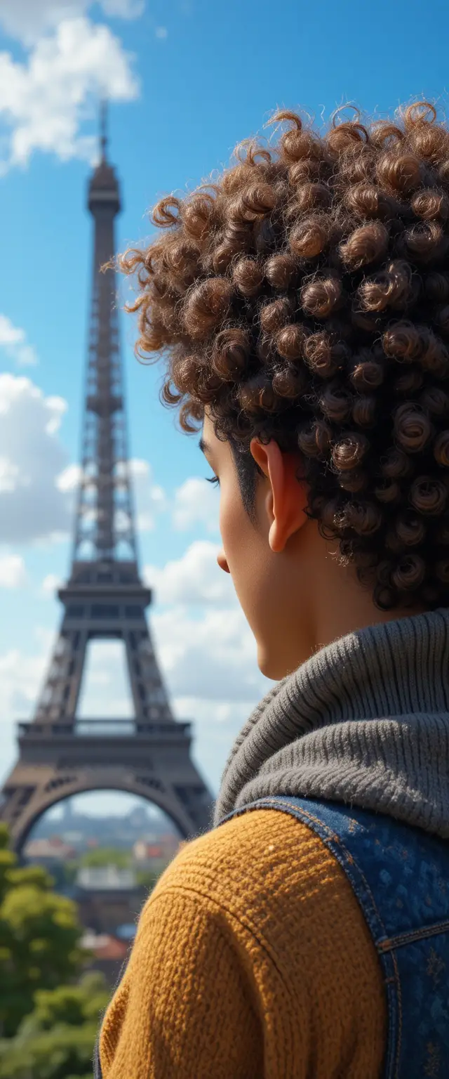 Ritratto in stile bambola di cotone Pixar di un uomo dai capelli ricci