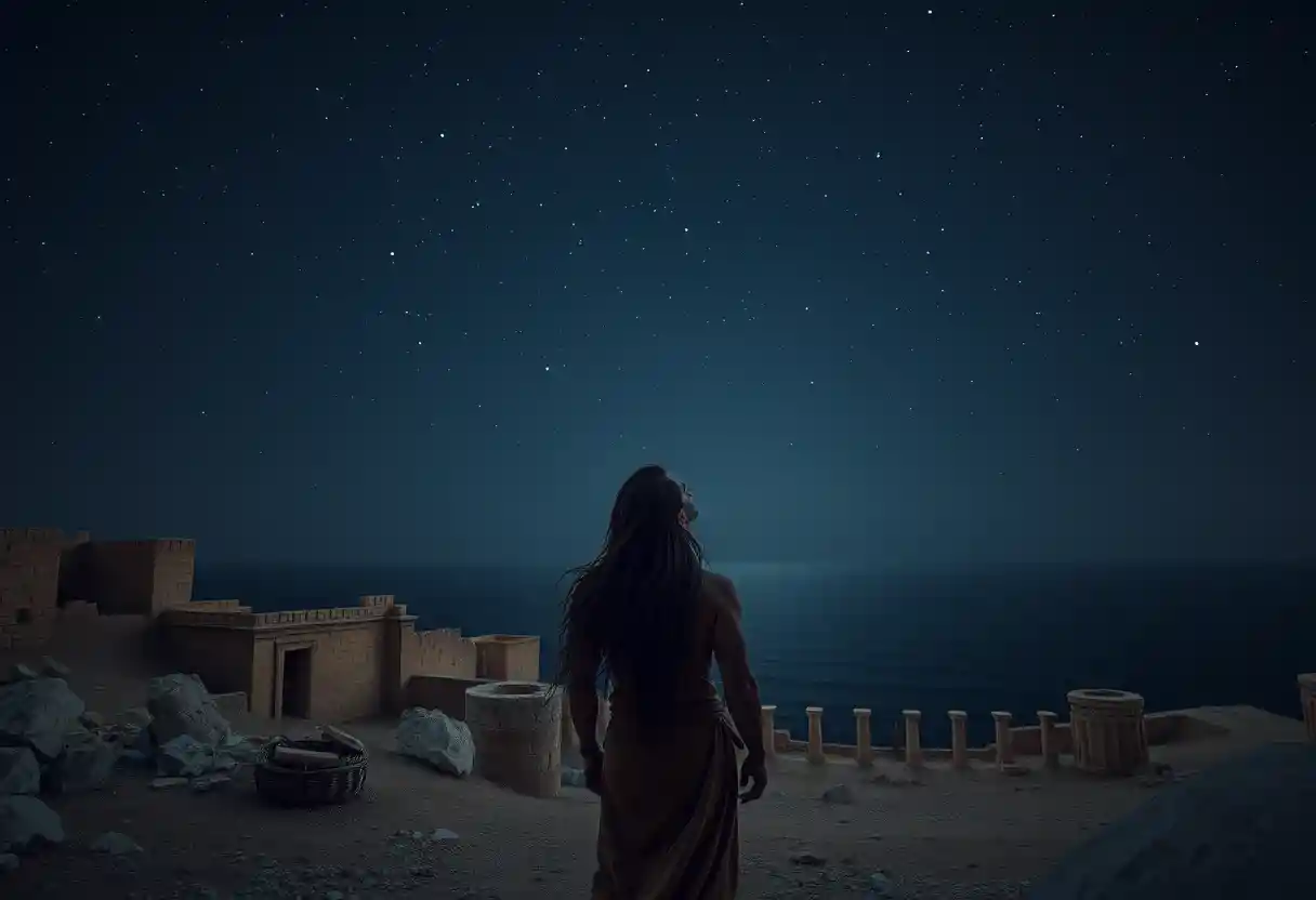 Homem contemplando as estrelas sobre ruínas antigas à beira de um mar escuro