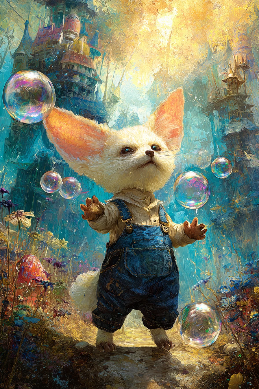 Raposa‑fennec lúdica malabarizando bolhas em paisagem de fantasia