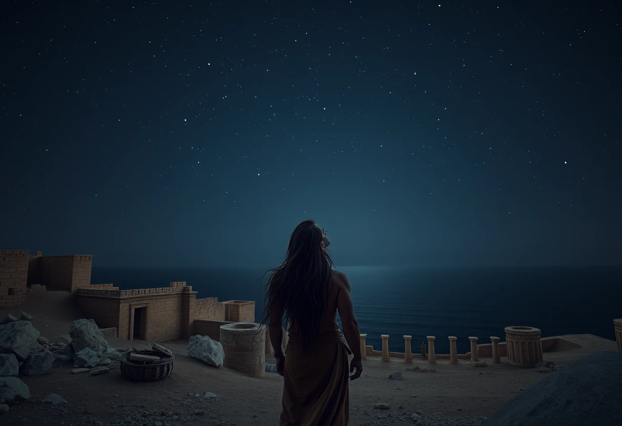 Homem contemplando as estrelas sobre ruínas antigas à beira de um mar escuro
