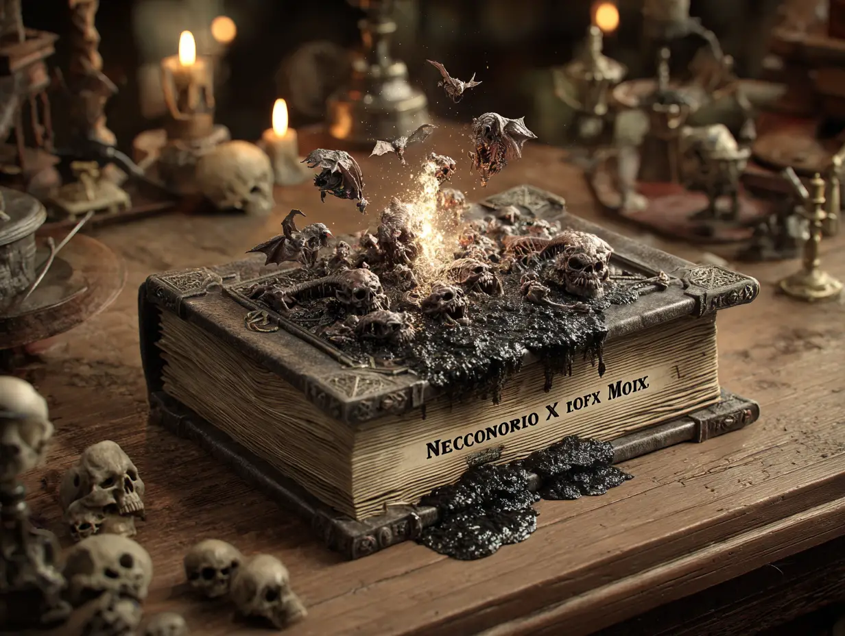Scène 3D inquiétante de démons surgissant d’un livre maudit