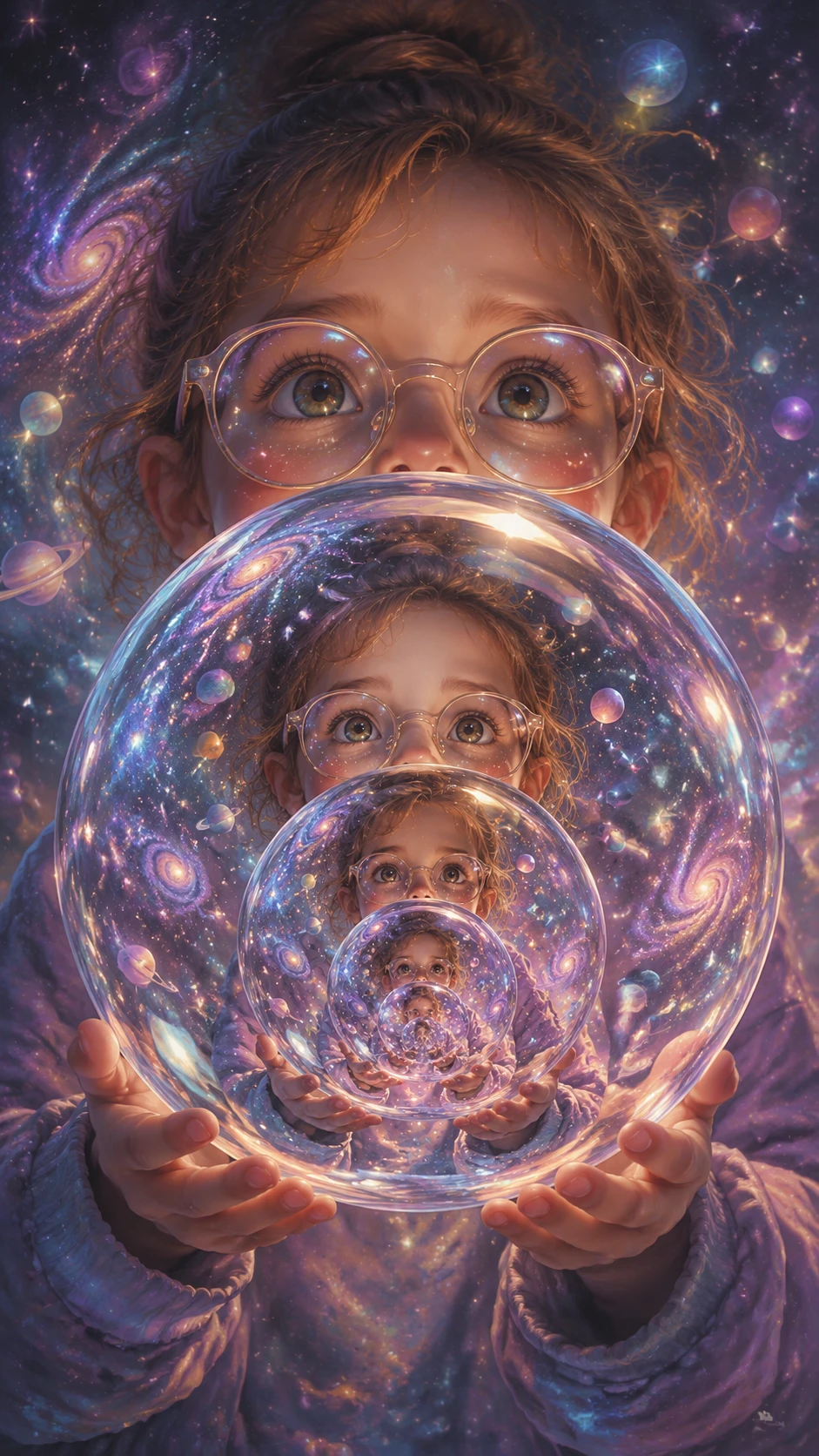 Ragazza con bolle cosmiche infinite e riflessi di galassie
