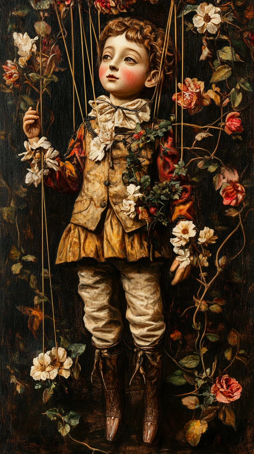 Hölzerner Jungenmarionette in einem surrealen dornigen Blumengarten