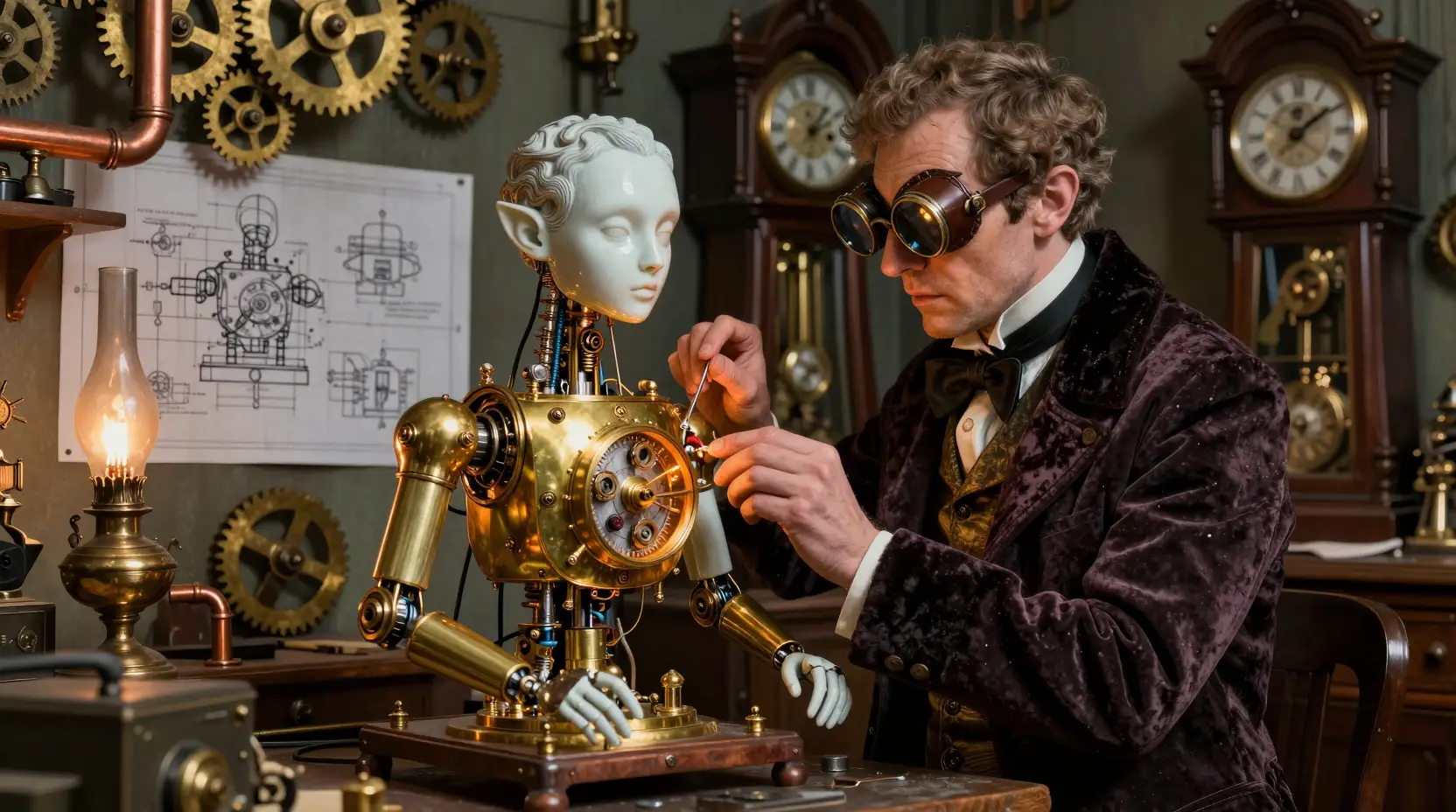 Inventeur elfe victorien achevant un automate à ressort conscient