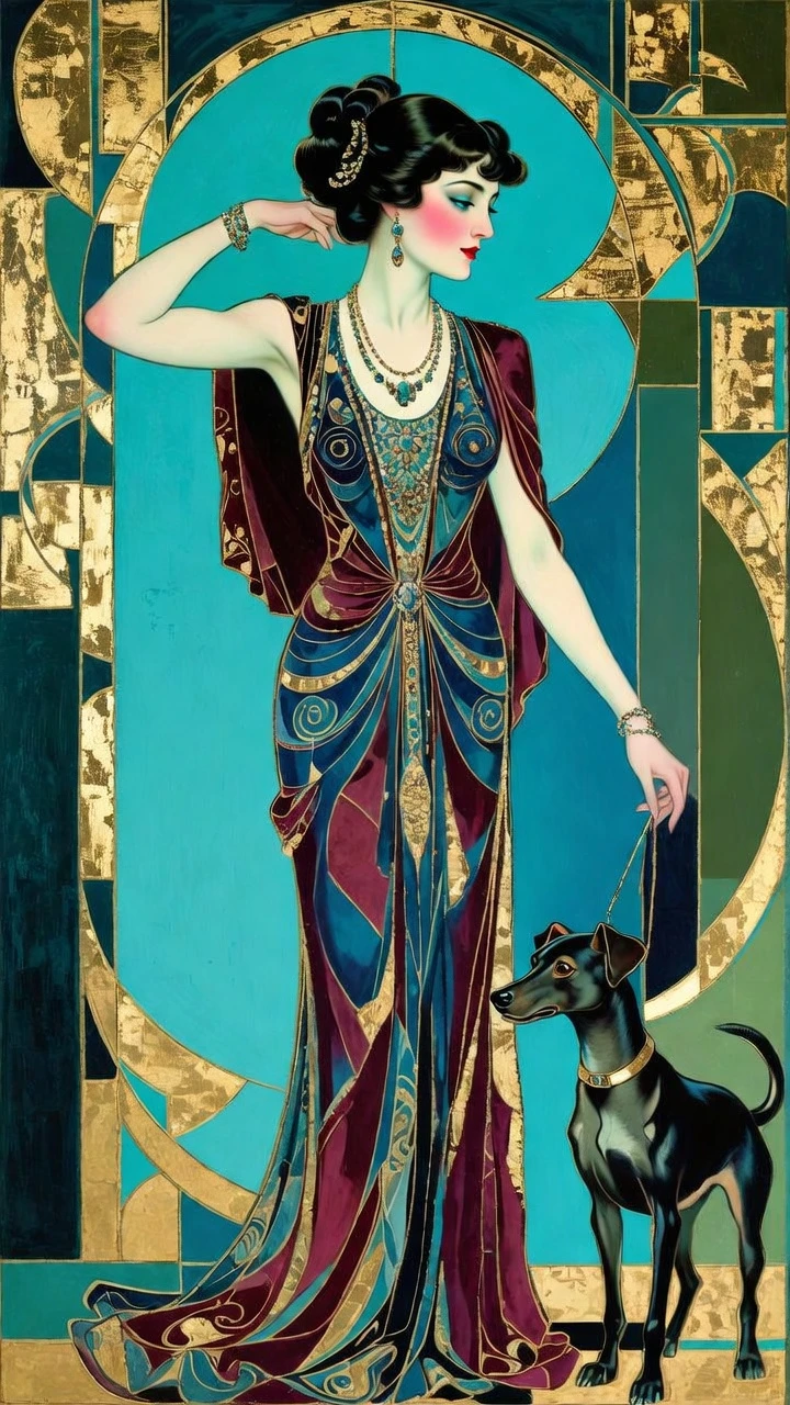 Art-Déco-Porträt einer glamourösen Frau mit Hundebegleiter