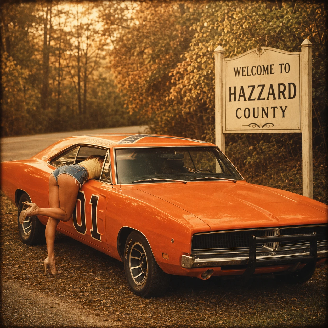 Donna pin-up vintage con muscle car arancione su strada di campagna
