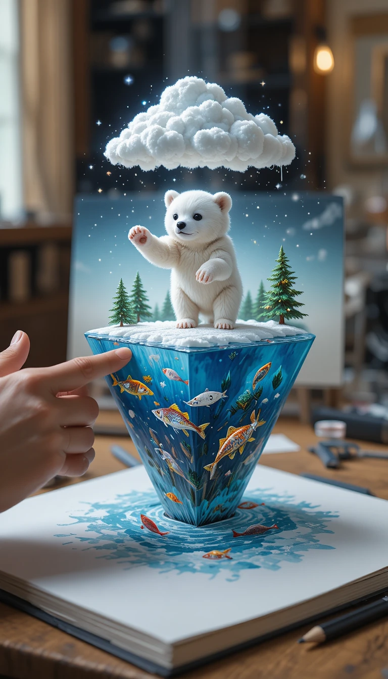Pequeno urso‑polar no papel na ponta de um lápis