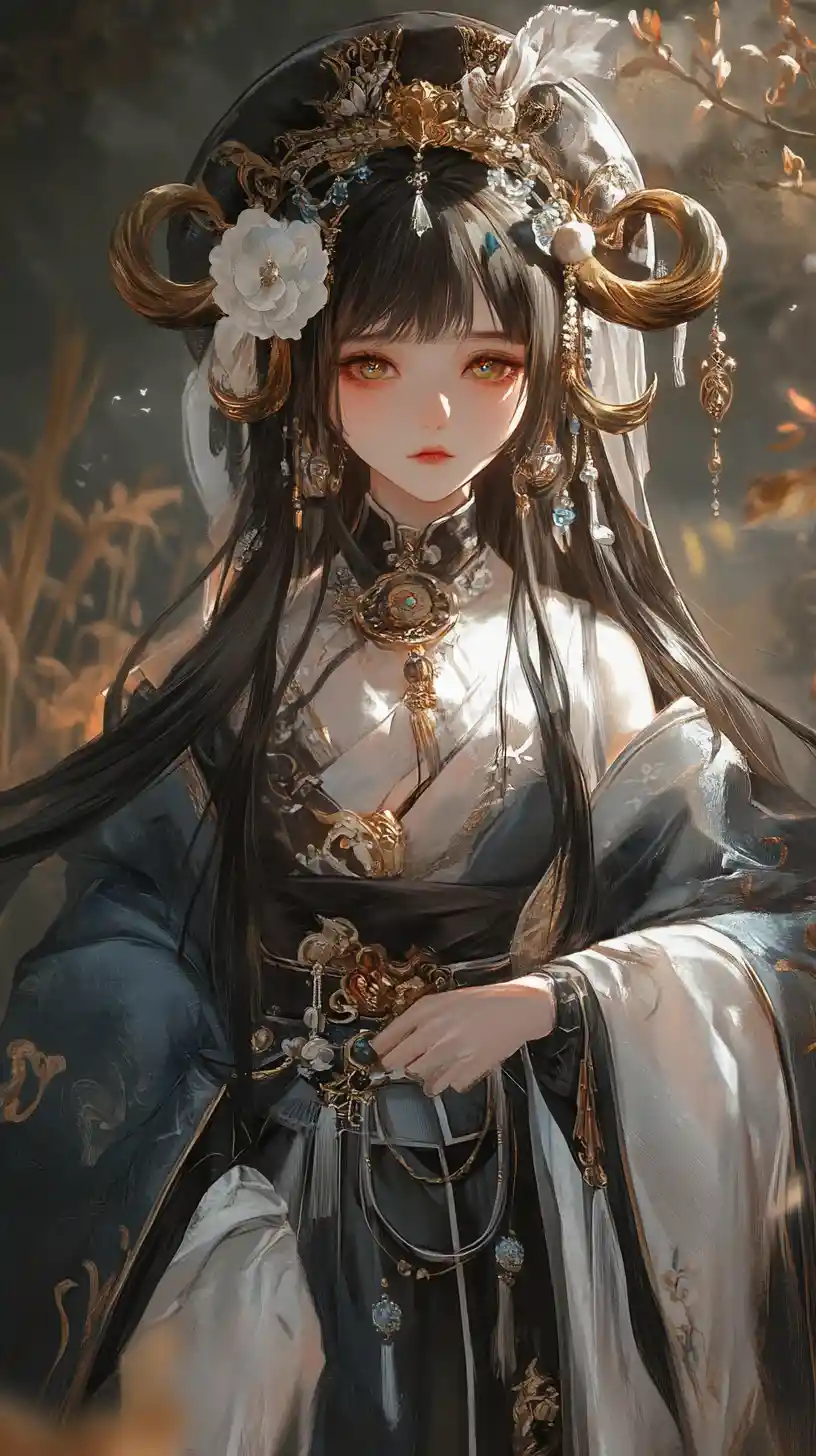 Elegante chica de fantasía con bastón frente a un antiguo templo en el bosque