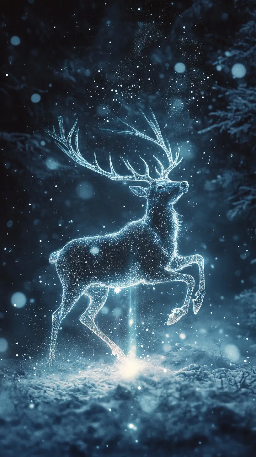 Cerf lumineux bondissant à travers un paysage onirique et surréaliste