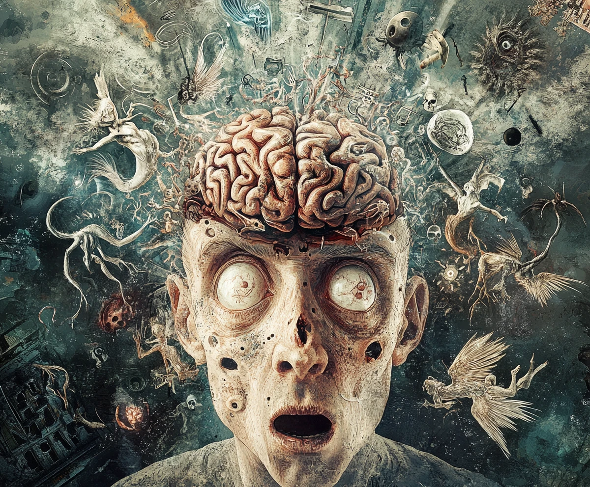 Primer plano surrealista de un hombre con ángeles y demonios