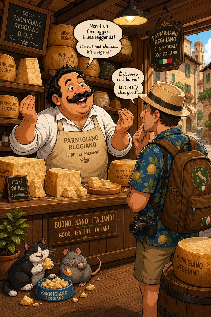Fröhlicher italienischer Ladenbesitzer, der Parmesan in einem Holz-Käseladen verkauft