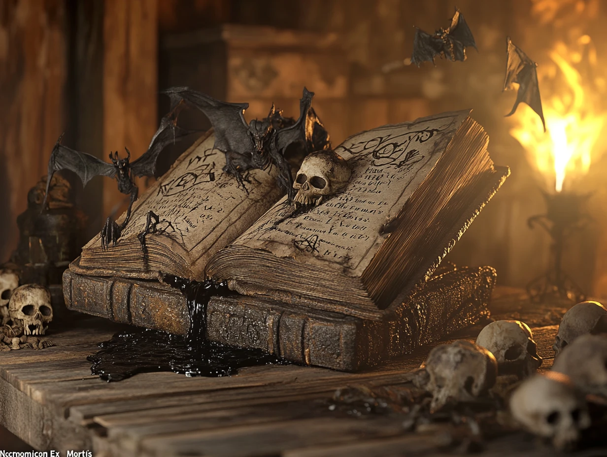 Demônios sinistros surgindo de um antigo livro amaldiçoado