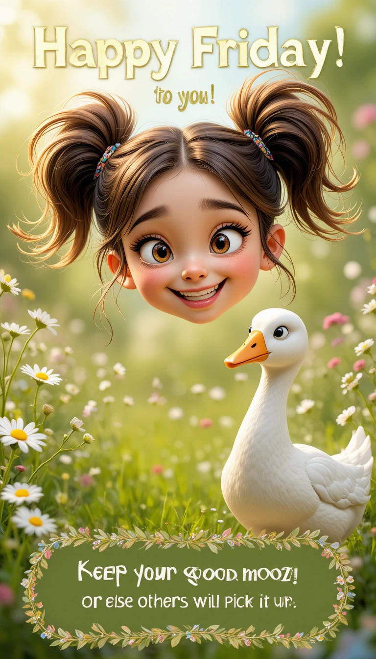 Fröhliches sommersprossiges Mädchen und Gans auf sonniger Wiese