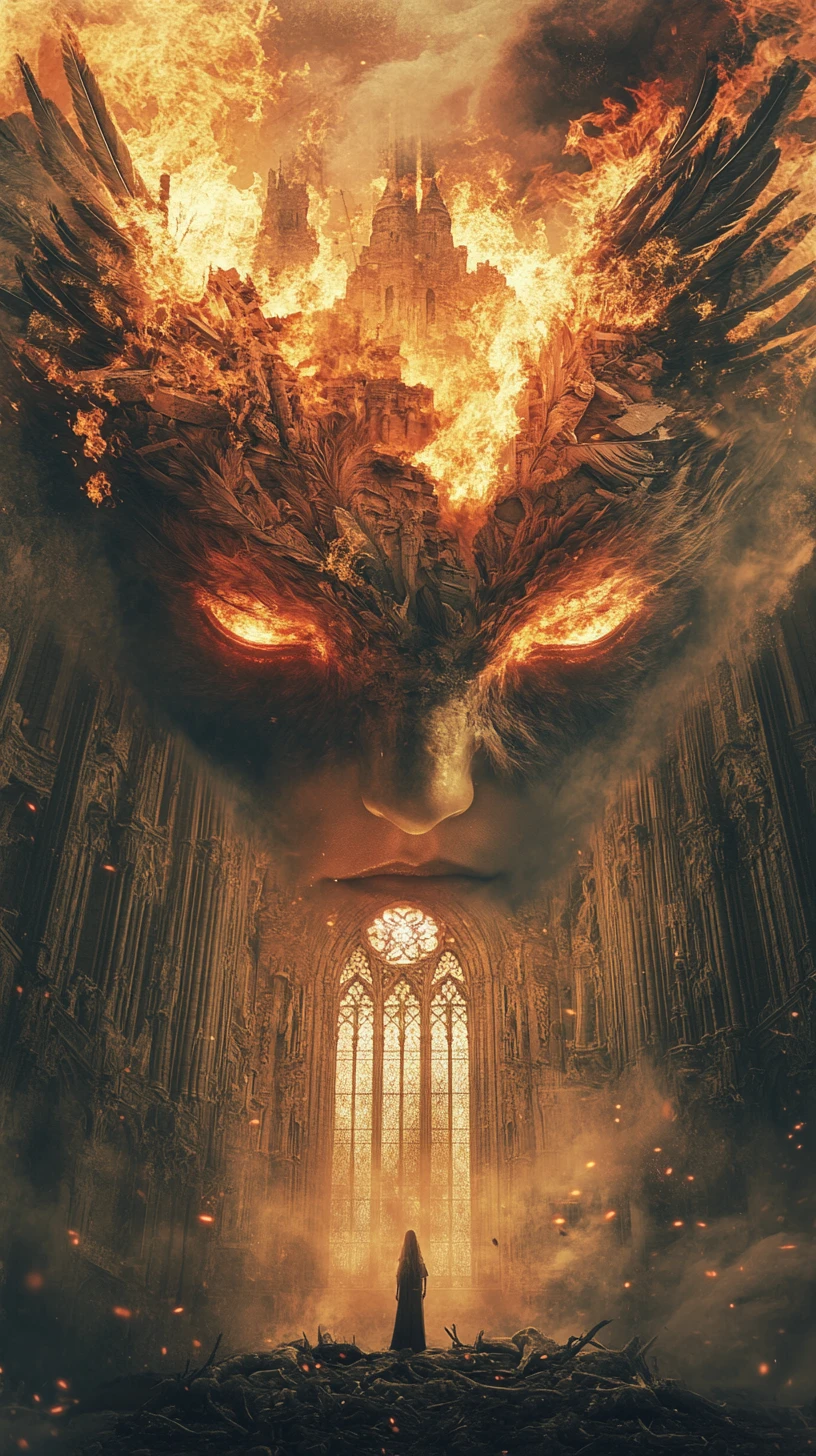 Fênix surreal se fundindo com uma mulher em ruína sagrada