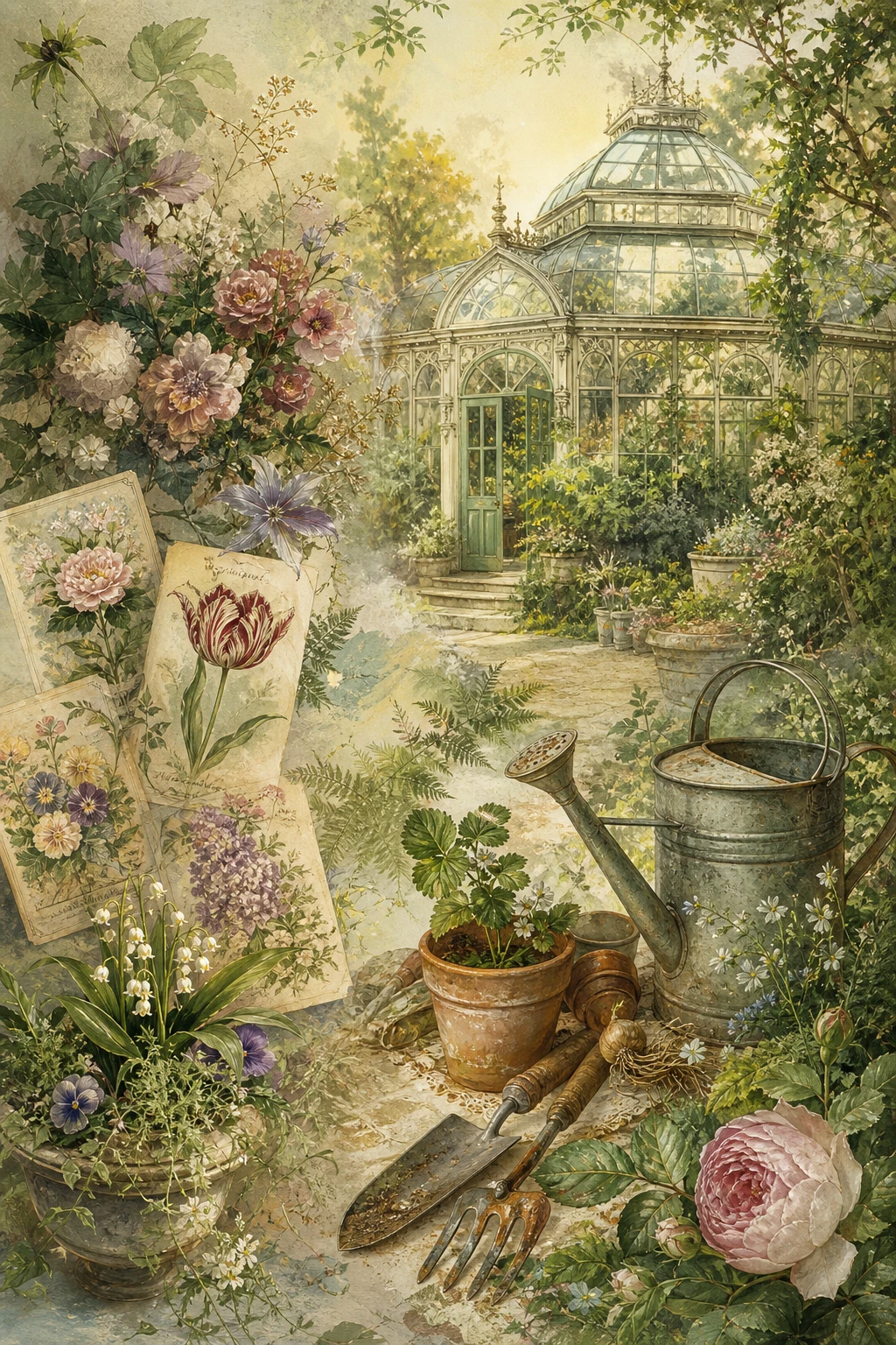 Mood board di giardinaggio vintage con attrezzi, semi e piante