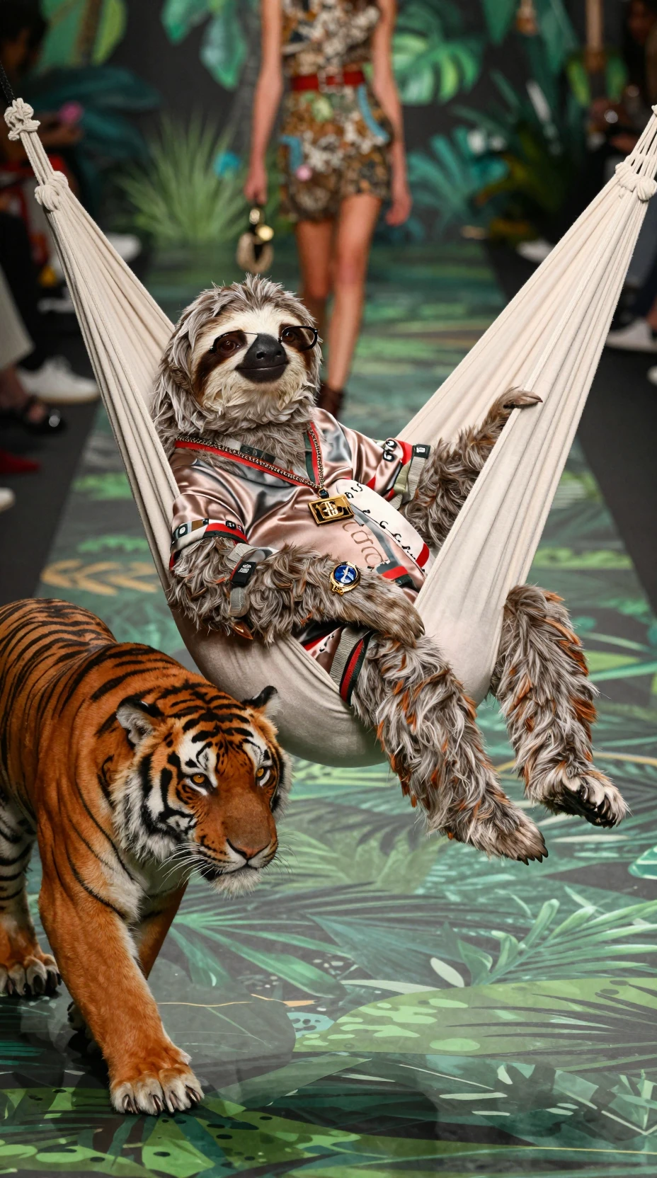 シルクのハンモックでくつろぐナマケモノ・スーパーモデルのジャングルランウェイ