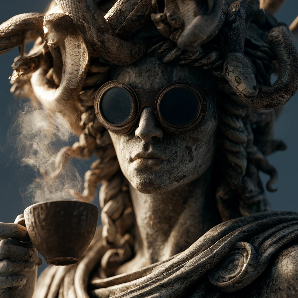 Estatua de Medusa con Gafas de Sol y Café en Retrato de Fantasía Oscura