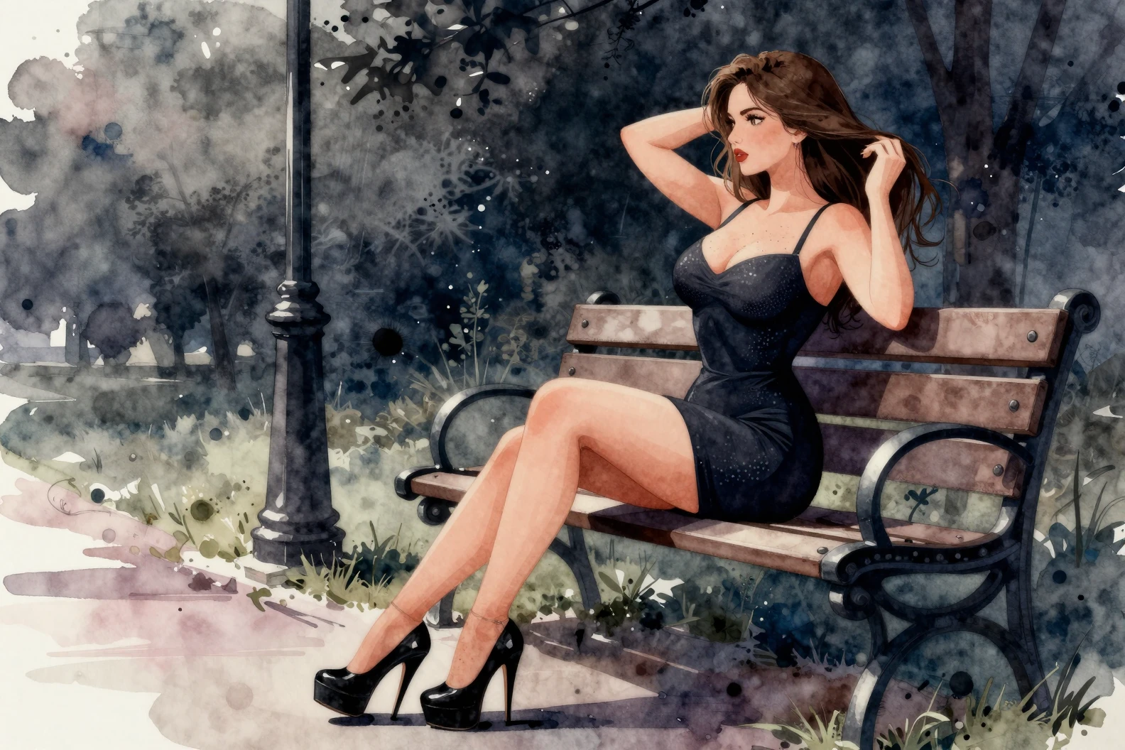 Femme pulpeuse sur un banc de parc dans une scène en aquarelle sombre