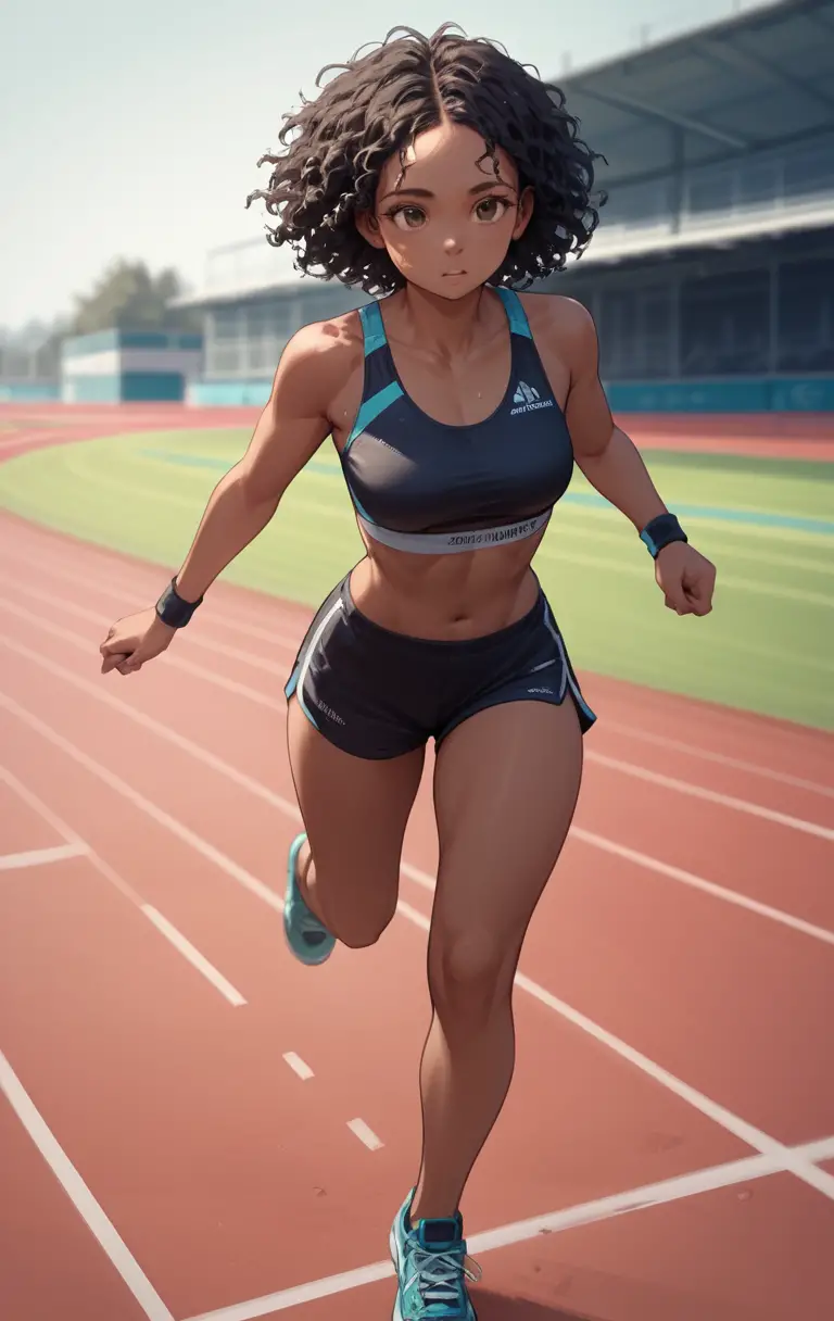 Ragazza africana che corre verso la fotocamera su una pista all’aperto